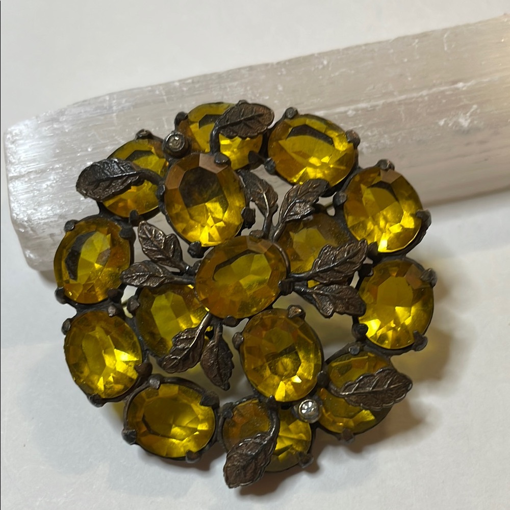 Antique Czech Glass Art Nouveau Large Jeweled Openback Citrine Brass Brooch Pin